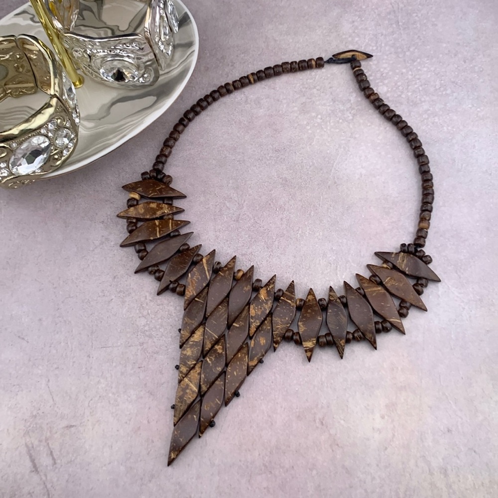 Coconut Shell Beaded Handcrafted V Bib Tribal Statement Reversible Necklace